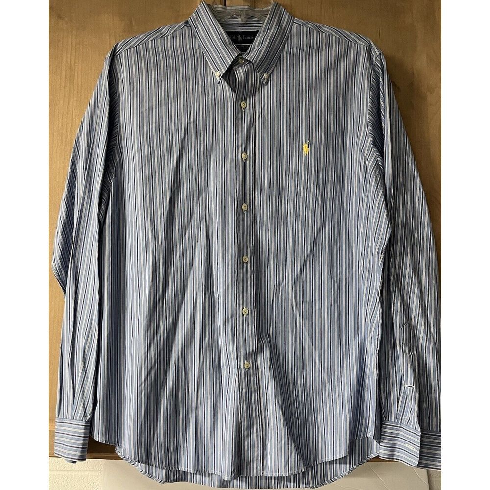 Ralph Lauren Blue White Striped Cotton Button Down Shirt Mens XL Custom Fit